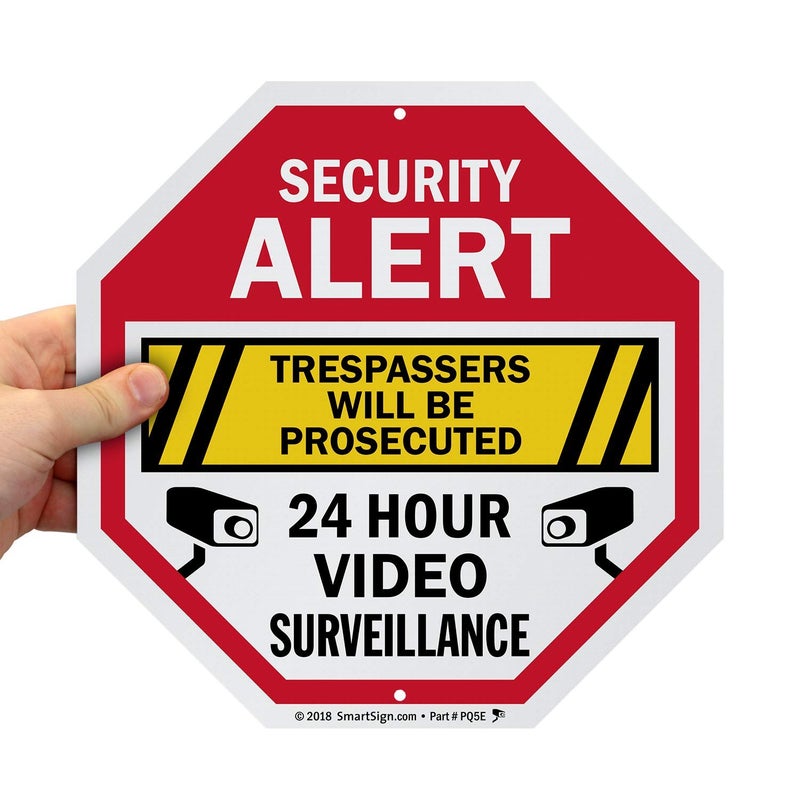 SmartSign Security Alert Sign - Trespassers Will Be Prosecuted, Video Surveillance 24 Hour Sign | 10x10 Octagon Metal, Reflective Aluminum, Outdoor/Wall/Fence, Made in USA - Image 1